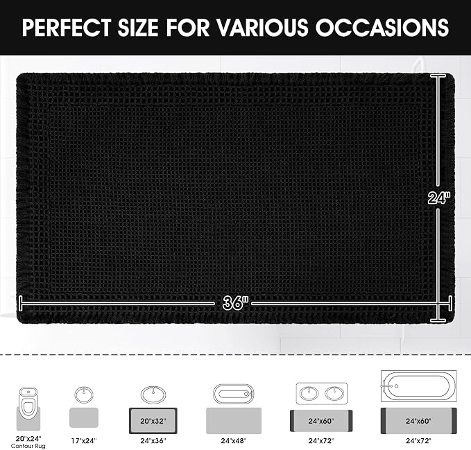 Upgraded Waffle Bath Mat, 36"x24" Black-Bordered, Super Absorbent Non-Slip Quick Dry Bathroom Rugs with Tassels, Machine Washable Ultra Soft Boho Bath Rugs for Floor, Toilet Mats Boho Farmhouse Decor