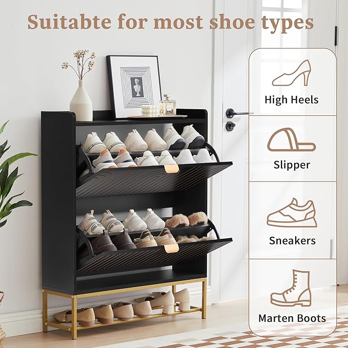 LEVNARY Narrow Shoe Storage Cabinet with 2 Flip Drawers, Wooden Freestanding Hidden Shoes Rack Organizer for Entryway, Mid-Century Modern Shoe Cabinet with Carving Lines for Hallway Foyer (1, Black)