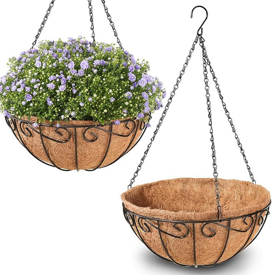 Legigo 2 Pack 12 Inch Metal Hanging Baskets for Plants Outdoor- Round Wire Hanging Planters Basket with Coconut Coir Liner, Hanging Flower Pot for Outdoor Plants Flowers Garden Decorations
