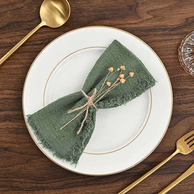 12 Pack Olive Green Cloth Napkins Cotton Linen Napkins 16 x 16 Inch Green Napkin Cloth Handmade with Fringe Soft Napkin Cloths Washable Rustic Dinner Napkin Cloths for Wedding Party Dinner Table