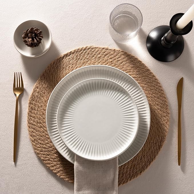 Famiware Starlight 24-Piece Plates and Bowls Sets for 8, Stoneware Dinnerware with Ribbed Textured, Handcrafted Reactive Glaze Dishes - Dishwasher & Microwave Safe, Chip/Scratch Resistant, Matte White