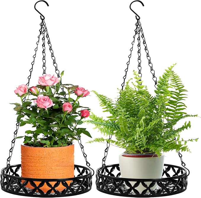 2 Pack Hanging Planters, 9.8 Inch Metal Plant Hanger, Decorative Glossy Black Plant Pot Holder, Planter Hanging Baskets with Chains and Hooks for Indoor or Outdoor Balcony Porch Home Decor