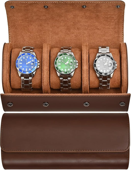 Watch Roll Travel Case for 3 Watch, Watch Case for Men and Women, Luxury Leather Portable Watch Case Roll Organizer for Home Storage, Travel and Display with White BOX (Brown, 3 slot)