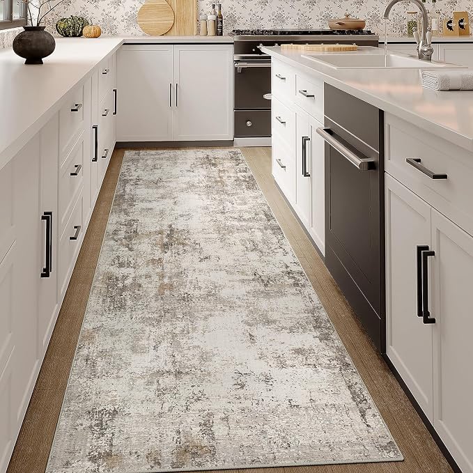 2x7 Washable Runner Rug Brown Grey Abstract Non Slip Soft Low Pile Hallway Kitchen Rug Neutral Modern Carpet for Laundry Bathroom Bedroom Living Room Home Decor