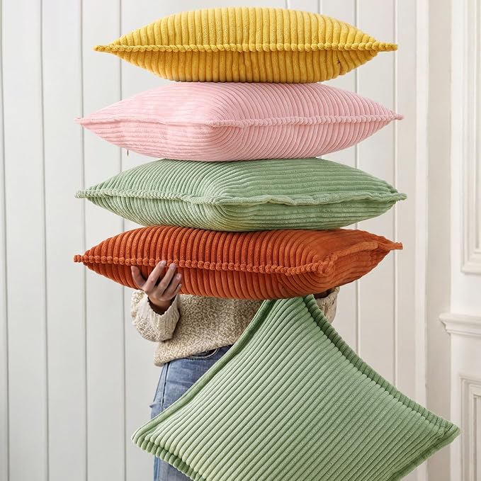 decorUhome Summer Corduroy Pink Throw Pillow Covers 12x20 Set of 2 Decorative Soft Boho Farmhouse Lumbar Couch Pillow Covers for Living Room Bed Sofa Broadside Striped Pillow Cases