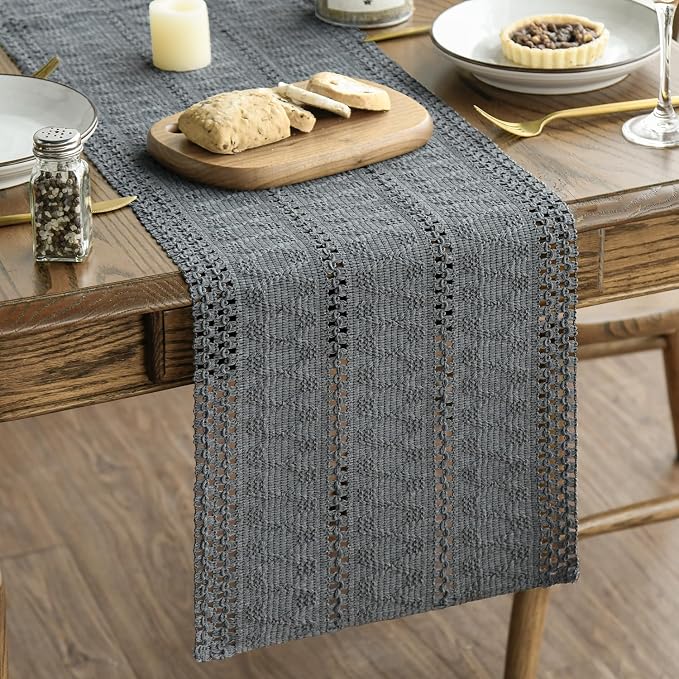 Artoid Mode Dark Grey Farmhouse Woven Rustic Hollow Table Runner, Seasonal Holiday Hollow Kitchen Dining Table Decoration for Home Party Decor 12x120 Inch