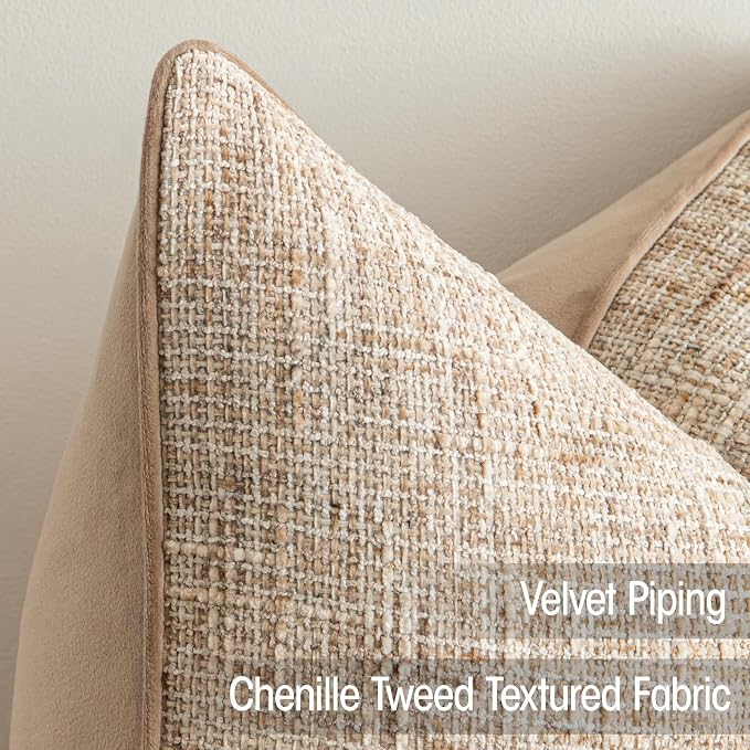 a moment Khaki Reversible Pillow Covers 2 Pack - Farmhouse Chenille Velvet Throw Pillows, Neutral Textured Decorative Throw Pillow Covers with Border for Couch Sofa Bed (22x22 Inch, No Insert)