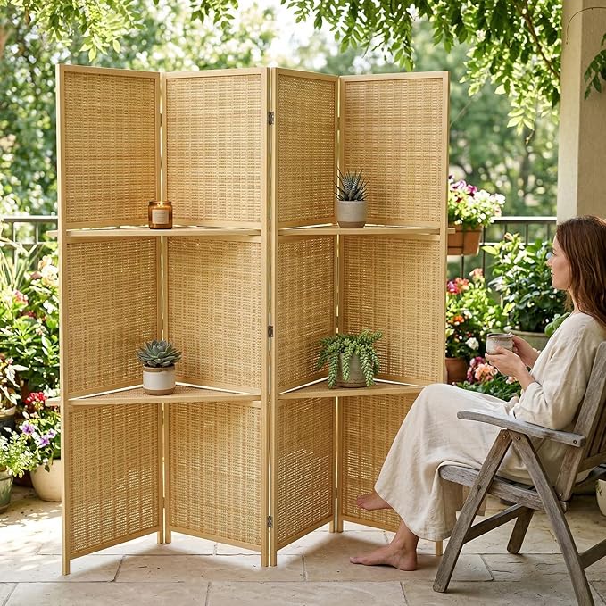 Bluecat 4 Panel Bamboo Room Divider with Shelves, Lightweight Privacy Screen for Bedroom Home Office, No Assembly Required, Brown Bamboo
