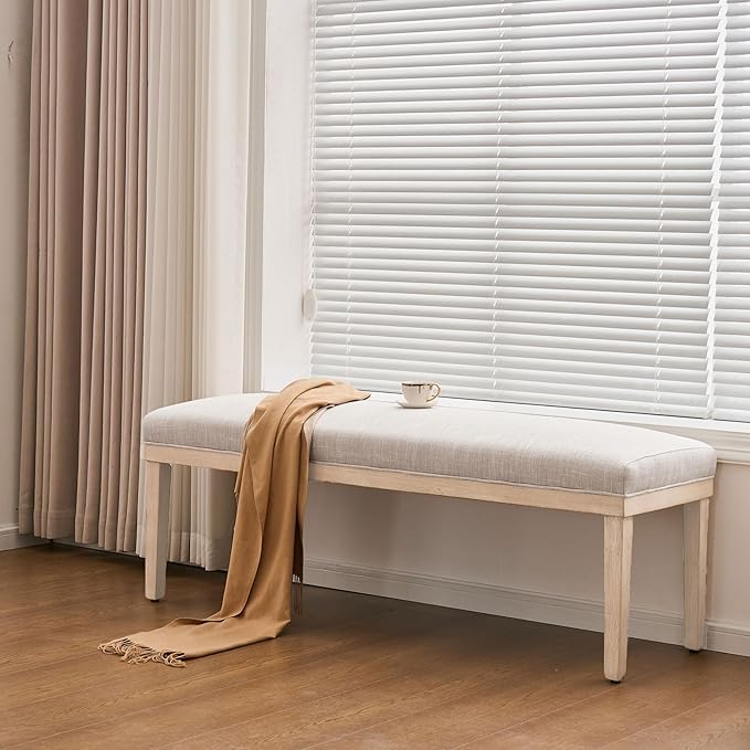 Rowill 53 Inch Long Entryway Bench for Bedroom End of Bed, Dining Room Bench with Upholstered Padded Seat and Solid Wood Leg for Kitchen, Living Room, Indoor and Hallway, Beige