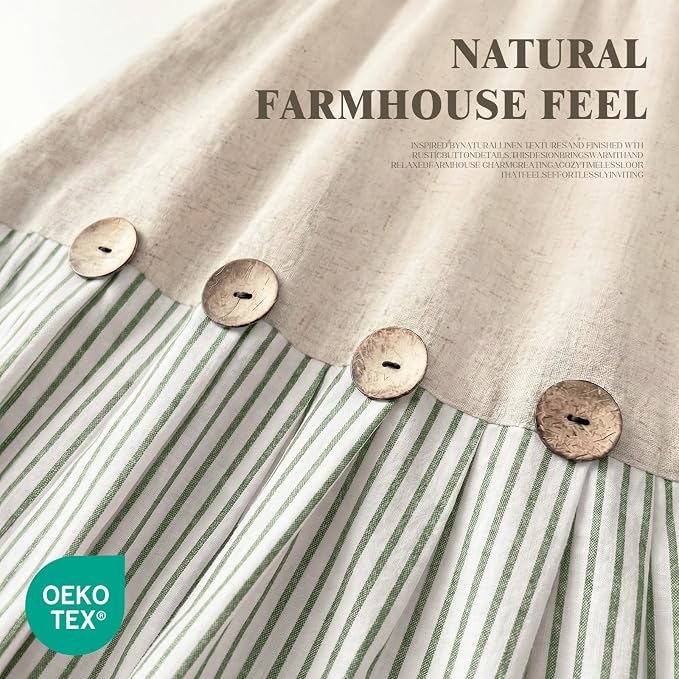 Farmhouse Shower Curtain Linen Button Woven Fabric Country Rustic Western, Pleated Green Stripe 72" W x 84" L