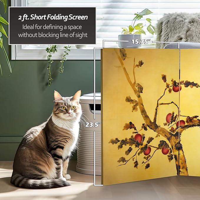 Red Lantern 2 ft. Short Double Sided Plum Tree Canvas Folding Screen 3 Panel Freestanding Partition and Separator for Modern and Contemporary Bedroom, Home Office, Studio, Dorm, Apartment