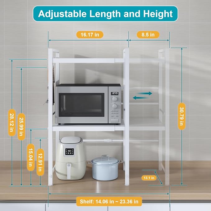 DOLALIKE Microwave Oven Rack, Expandable Microwave Stand Kitchen Countertop Organizer Utensils Storage, Carbon Steel Over Microwave Shelf with 3 Hooks (White, 3 Tier)