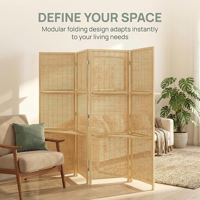 Bluecat 4 Panel Bamboo Room Divider with Shelves, Lightweight Privacy Screen for Bedroom Home Office, No Assembly Required, Brown Bamboo
