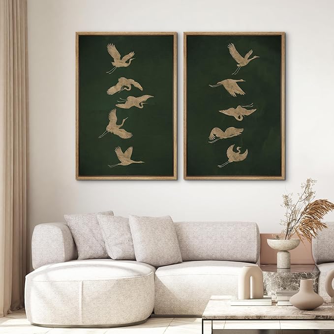 SIGNWIN Framed Canvas Print Wall Art Set Golden Cranes in Flight on Deep Green Illustrations Modern Art Rustic Colorful Ultra for Living Room, Bedroom, Office - 16"x24"x2 Natural