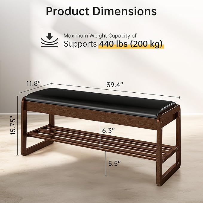 Shoe Rack Bench with Flip-Top Storage, Rubberwood 2-Tier Shoe Organizer with Cushion, Long Wooden Shoe Stand for Entryway, Mudroom, Hallway, Closet, Front Door Entrance, Foyer