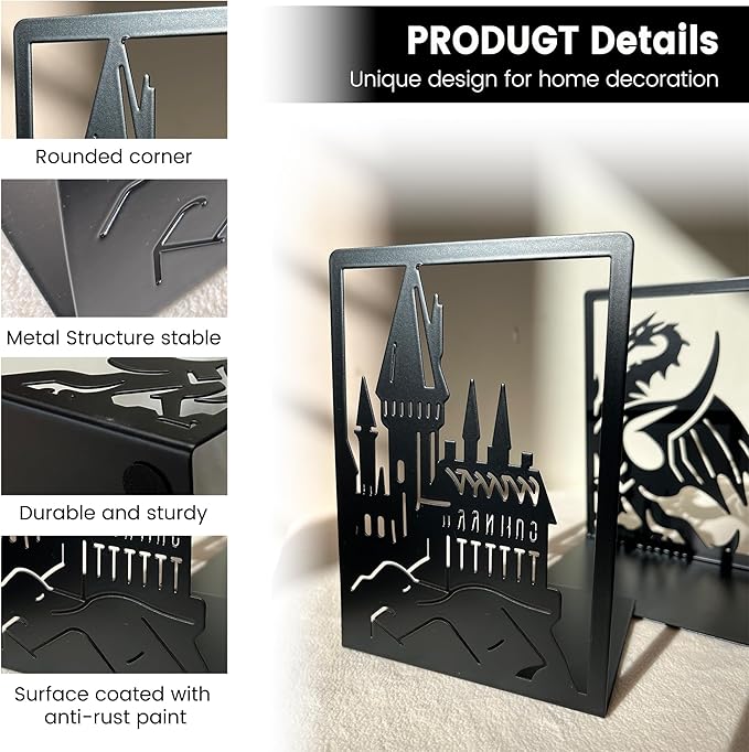Metal Bookends for Shelves Room Decorative, Creative Dragon Bookends Heavy Duty Study Bookends Stoppers Holder Stand for Desk Shelf Office, H&P Book Ends to Support Books (Dragon Castle, 1 Pair)
