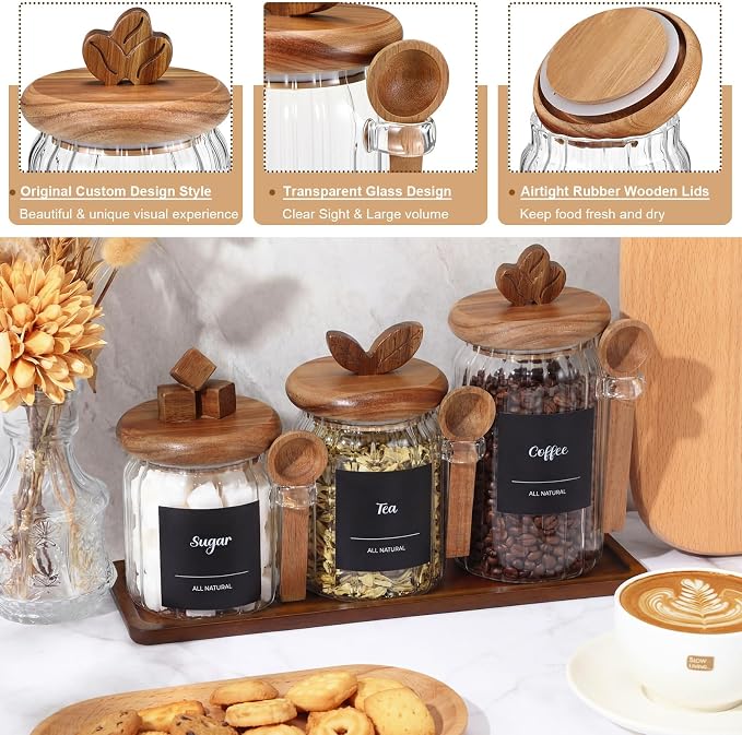 Suclain 3 Pcs Glass Coffee Container with Acacia Wood Lid & Spoon, 25oz, 20.3oz, 15oz Airtight Glass Jar with Wooden Shelf, Food Storage Containers Coffee Jar Tea Container(Acacia Color)