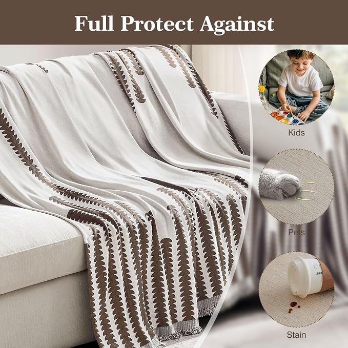 Couch Cover Boho for Dogs Washable Mocha Couch Covers for 2 Cushion Couch, Chenille Sectional Couch Covers L Shape Sofa Cover, Furniture Protector for Kids, Pets, Mocha 71" X134"