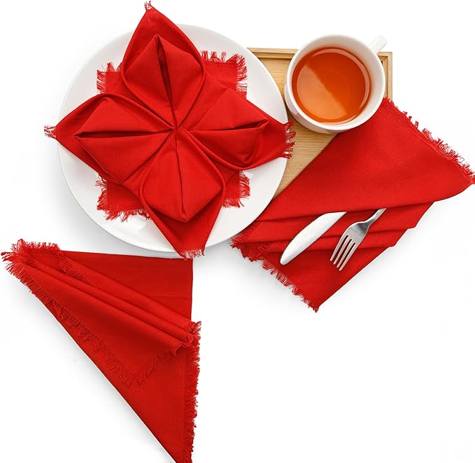 Lightnpro Cotton Napkins Set of 12, Beautiful Handmade Fringe Dinner Cloth Napkins, Washable and Reusable for Dining, Parties, Weddings, Holiday & Everyday Use - 18x18 Inch Red Color