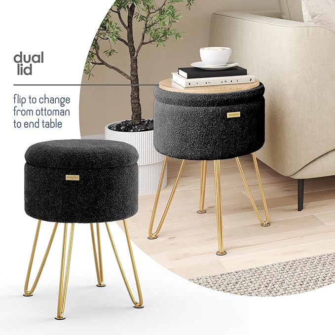 Round Ottoman with Storage, Boucle Storage Ottoman, Foot Stool Ottomans, Makeup Vanity Stool, Small Ottomans Foot Rest, Modern Vanity Stools for Living Room and Bedroom, Black
