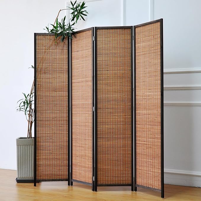 Furnnylane 4 Panel Bamboo Room Divider - 5.6 ft Tall Folding Privacy Screen for Room Separation, Natural Brown Freestanding Partition Wall for Home Office (67" H x 61.4" W)