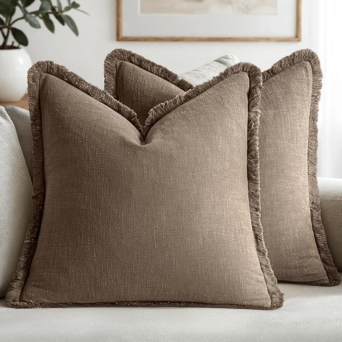 MIULEE Decorative Throw Pillow Covers Neutral Linen Fringe Throw Pillows Euro Shams Set of 2 Cocoa Brown Boho Farmhouse Cushion Covers for Couch Sofa Bed Living Room Spring Home Decor 28x28 Inch