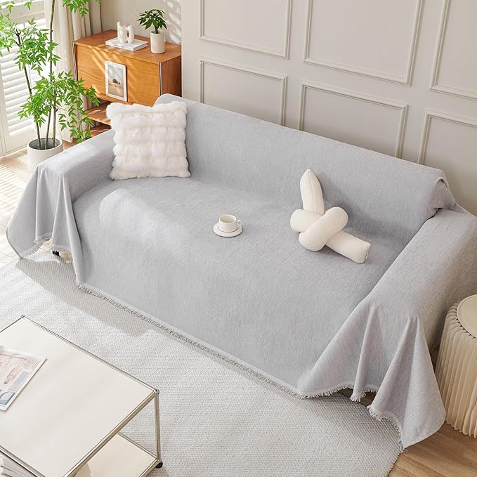 DREAMINGO Sofa Covers Washable Thick Chenille Couch Cover for 2 Cushion Couch Sofa Multi-Use Couch Cover Blanket Modern Pet Furniture Protector Sectional Couch Slipcover 71"x118", Light Grey