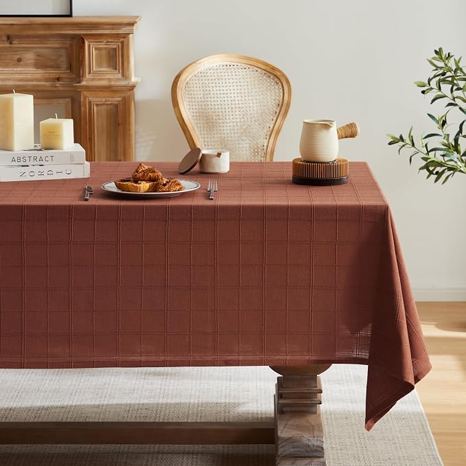 ZeeMart Linen Checked Table Cloth 60x120 Inches (Fit 7ft–8ft, Narrow Fit 9ft Rectangle Table), Farmhouse Style Plaid Embroidered Water Resistant Table Cover, Terracota