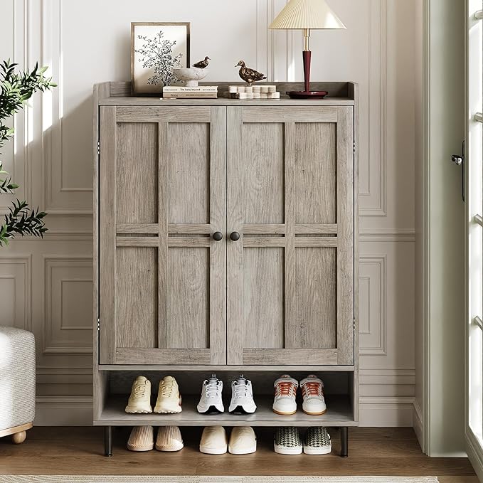 ComfyCorner Grey 7+1 Tier Farmhouse Shoe Storage Cabinet - 45" Tall Entryway Organizer with Cross Molding Doors, 3 Adjustable Shelves & Metal Legs, Shoe Rack for Front Door Entrance