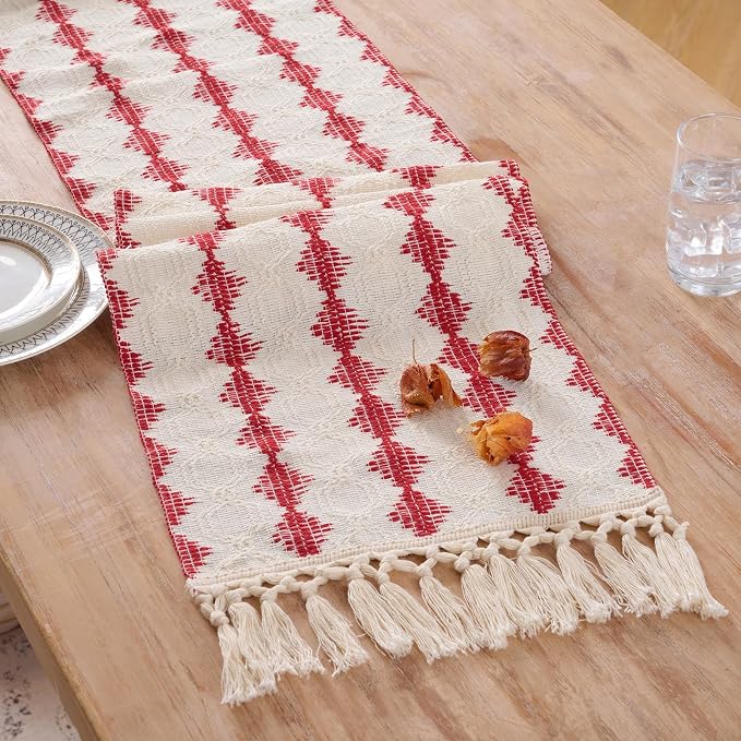 Fancy Homi Red Boho Cotton Polyester Table Runner 72 Inches Long, Farmhouse Macrame Table Runners with Tassels for Home Party Bohemian Rustic Bridal Shower Kitchen Dining Decor 12x72 Inches