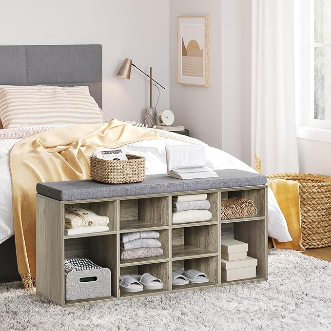 DINZI LVJ Shoe Bench, 12 Cubbies Shoe Organizer for Entryway, Storage Bench with Cushion, Cubby Shoe Rack with Adjustable Shelves for Living Room, Bedroom, Mudroom, Hallway, Gray Wash