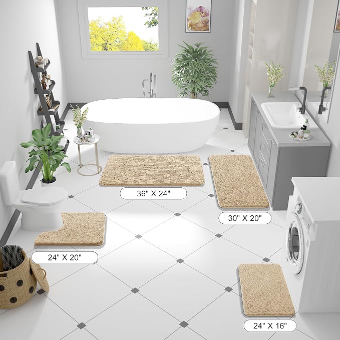 OLANLY Bathroom Runner Rugs 59x24, Extra Soft Absorbent Chenille Bath Rugs, Rubber Backing Quick Dry, Machine Washable Long Bath Mats for Bathroom Floor, Tub and Shower, Home Decor Accessories, Beige