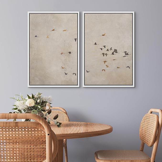 SIGNWIN Framed Canvas Print Wall Art Set Flying Birds Silhouette Minimalist Beige Illustrations Modern Minimal Decorative for Living Room, Bedroom, Office - 24"x36"x2 White
