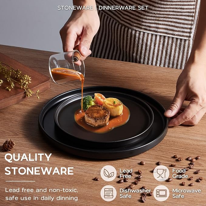 Onader Stoneware Dinnerware Set for 2 with Pasta Bowl, 8 Piece Plates and Bowls Dish Dinner Set, Microwave & Dishwasher Safe - Ebony Black