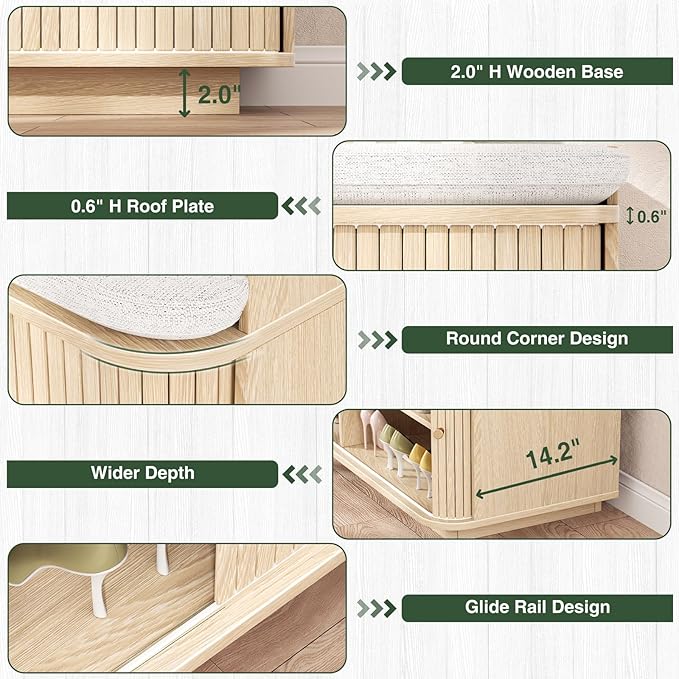 Hall Tree with Bench and Shoe Storage, Entryway Bench with Sliding Door Cabinet, Removable Padded, Metal Wall Hooks and Adjustable Storage Compartments, for Entry, Hallway, Living Room, Oak