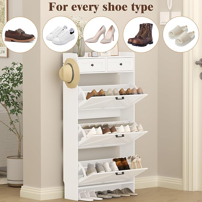 Thacuok Shoe Cabinet with 3 Flip Drawers & 2 Storage Drawers, Rustic Farmhouse Narrow Shoe Organizer Cabinet, Slim Shoe Rack Cabinet, Shoe Storage Cabinet for Entryway, Hallway, Front Door