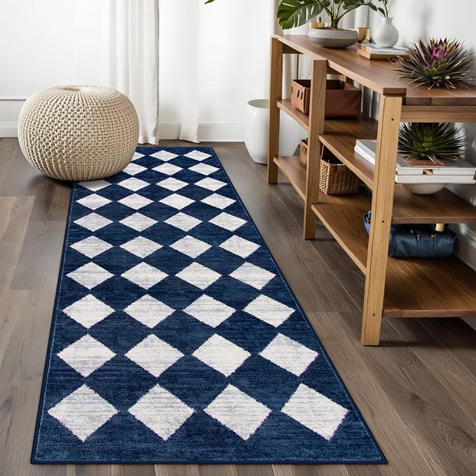 Lahome Zelie Checkered Washable Runner Rug,2x6 Rug Runners for Hallways Non Slip,Blue Kitchen Runner Rug,Moroccan Trellis Soft Low Pile Carpet Runners for Entryway Laundry Room Bathroom(2'x6',Blue)