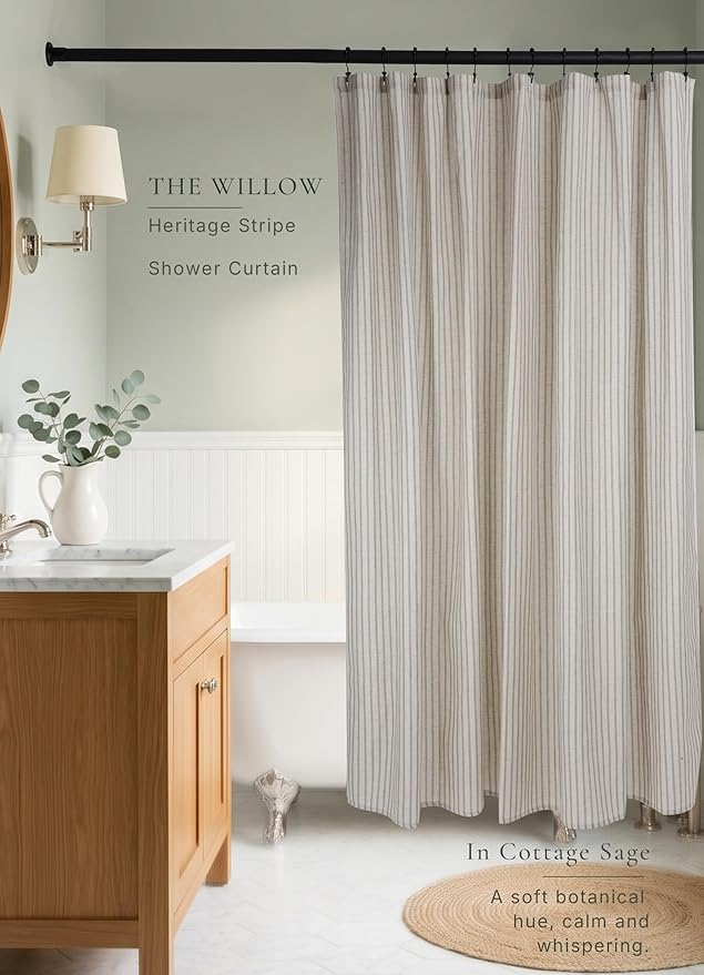 Farmhouse Striped Shower Curtain - 72x84 Inches, Linen Blend Fabric, Breathable & Machine Washable, Rustic Sage for Bathroom Decor (Hooks/Liner Not Included)