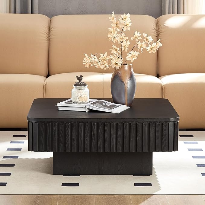 Lift-top Coffee Table with Storage for Living Room Office, Modern Square Fluted Coffee Table, 35.43" Wood Dining Center Tables with Large Hidden Space - Black