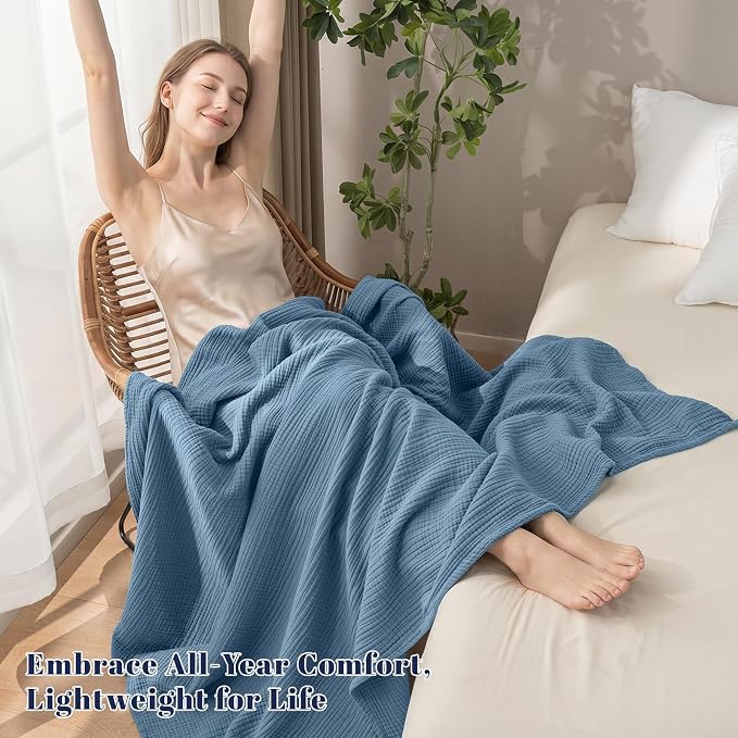 PHF 100% Cotton Muslin Blanket Twin XL Size 66"x90", 4-Layer Lightweight Gauze Throw, Breathable Cloud-Soft Minimalist Blanket for Bed, Couch, Camping & Baby, Denim Blue, Ideal Gift