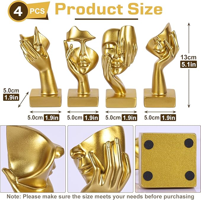 4 PCS Gold Thinker Statue Set – Abstract Sculptures Home Decor for Bookshelf, Office, TV Stand Knick Knacks – See No Evil, Hear No Evil, Speak No Evil Figurines, Unique Gift for Women