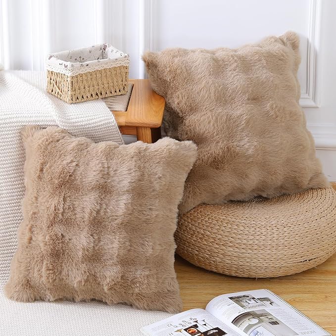 MADIZZ Pack of 2 Thick Plush Faux Wool Throw Pillow Covers Soft Boho Throw Pillows Luxurious Cushion Covers for Couch Sofa Bedroom Living Room Home Decor 22x22 Inch Camel