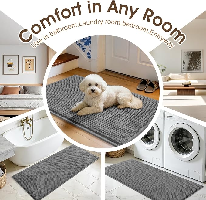 Memory Foam Bath Mat Set 3 Piece, Ultra Soft Absorbent Waffle Bathroom Rugs, Super Non-Slip PVC Backing Bath Rug Quick Dry, Machine Washable Rug for Tub, Shower, Home Decor Accessory, Dark Gray