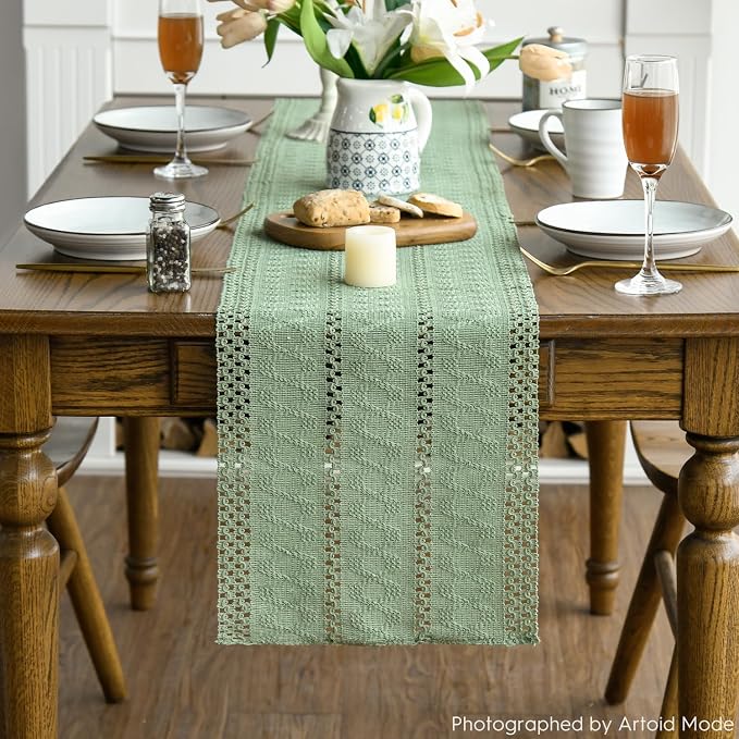 Artoid Mode Light Green Farmhouse Woven Rustic Hollow Table Runner, Seasonal Holiday Hollow Kitchen Dining Table Decoration for Home Party Decor 12x120 Inch