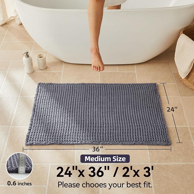 Triohero Waffle Bath Mat, Boho Bathroom Rugs Non Slip Washable, Ultra Soft Super Absorbent Quick Dry Farmhouse Bathroom Decor, 24" x 36", Dark Grey