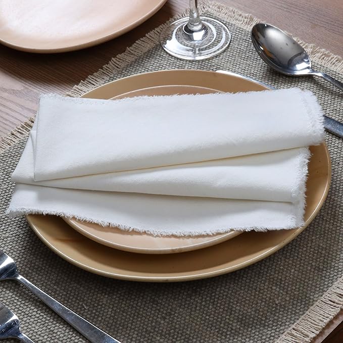 Palisa Premium Cotton Dinner Napkins Set of 4 | White Frayed Edge Rustic Farmhouse Table Linen | Soft Washable Long Lasting Durable Cloth Serviettes for Wedding Dining Decor 18x18 Inch