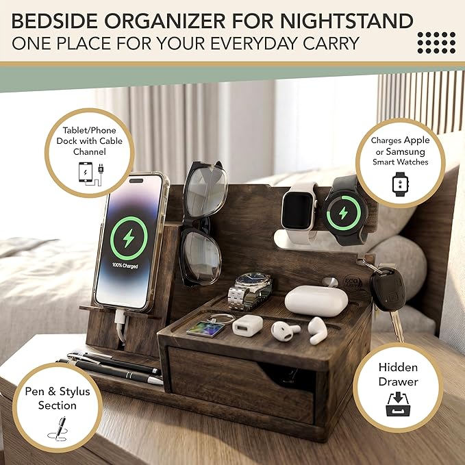 Nightstand Organizer- Phone Docking Station for Men- Unique Gifts for Husband, Father or Dad from Wife, Son or Daughter- Desk Organizer for Cellphone, Watches, Wallet and Key (Rustic)