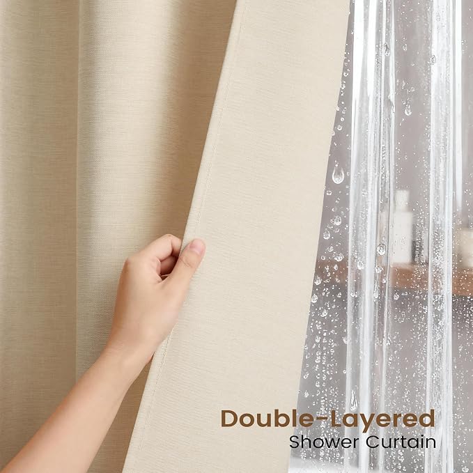BTTN 3 in 1 Shower Curtain Set, Cream Linen Textured Fabric Shower Curtain and Clear Liner Set with Plastic Hook, Modern Hotel Luxury Weighted Waterproof Shower Curtain for Bathroom, Beige, 72x72