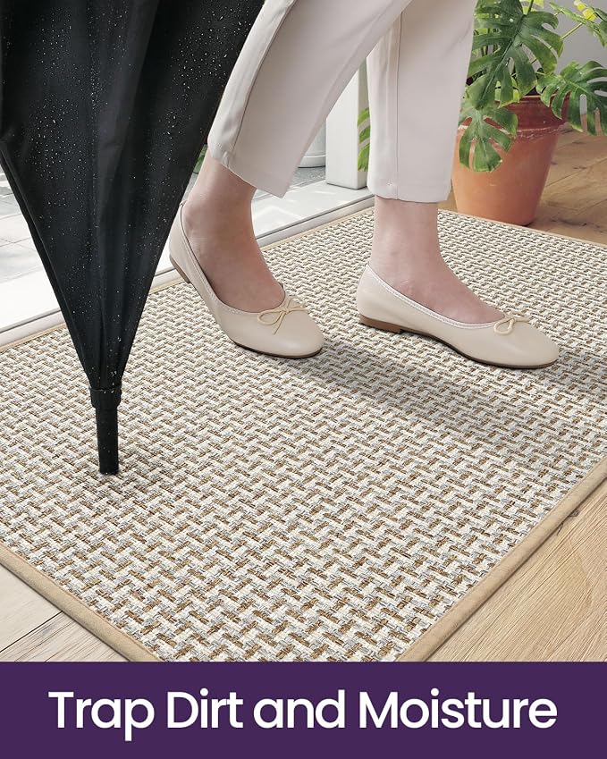 DEXI Ultra Thin Door Mat Indoor Entrance 32x48, Non Slip Rubber Backed Entryway Mats Dirt Trapper, Low Profile Front Doormat for Inside Entry, Patio, Porch, Beige and White