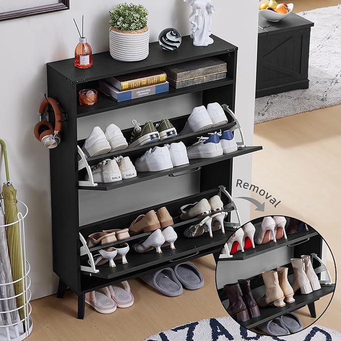 Joaxswe Shoe Cabinet Storage for Entryway with 2 Flip Drawers 2 Hook Open Storage Layer Rack Narrow Organizer Slim Hidden Wood Shoe Cabinet Furniture Black
